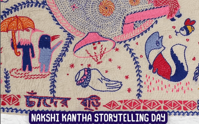 Poster for “Threads of Tales: Nakshi Kantha Storytelling Day” at OITIJ-JO, featuring embroidered motifs and event details
